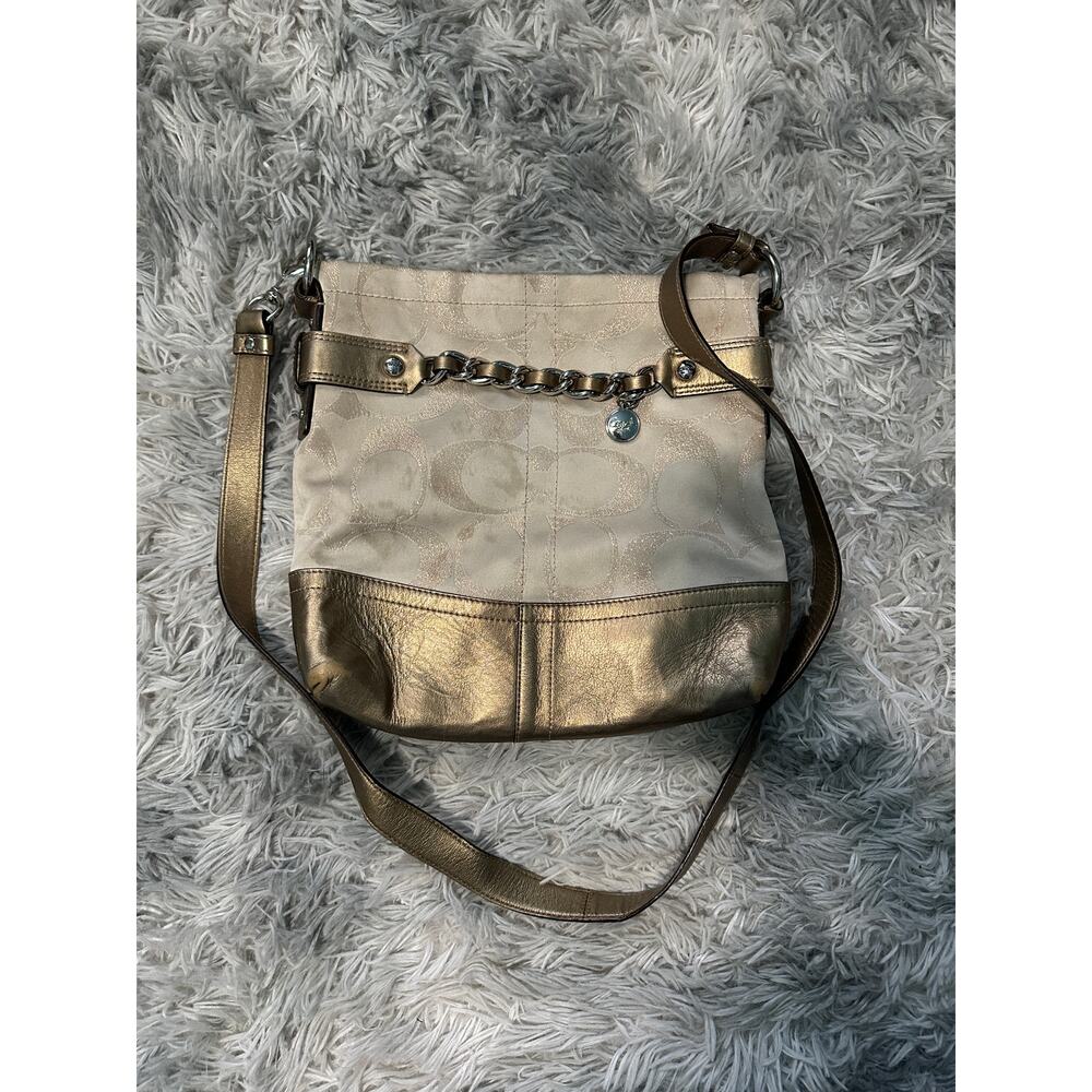 Coach Signature Crossbody F18913 Sateen Chain Champaign Beige Metallic